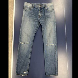 SAINT LAURENT HEDI SLIMANE blue cotton torn knee washed slim denim jeans 32"x31"